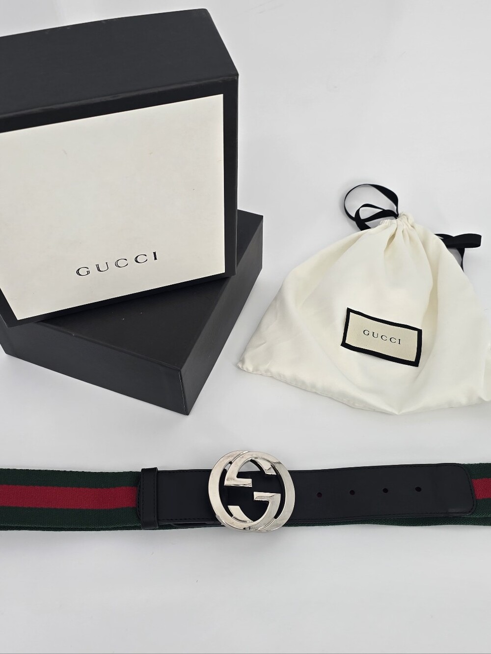 Gucci Green/Red Web Canvas Leather Belt with Silver GG Buckle - Picture 10 of 10